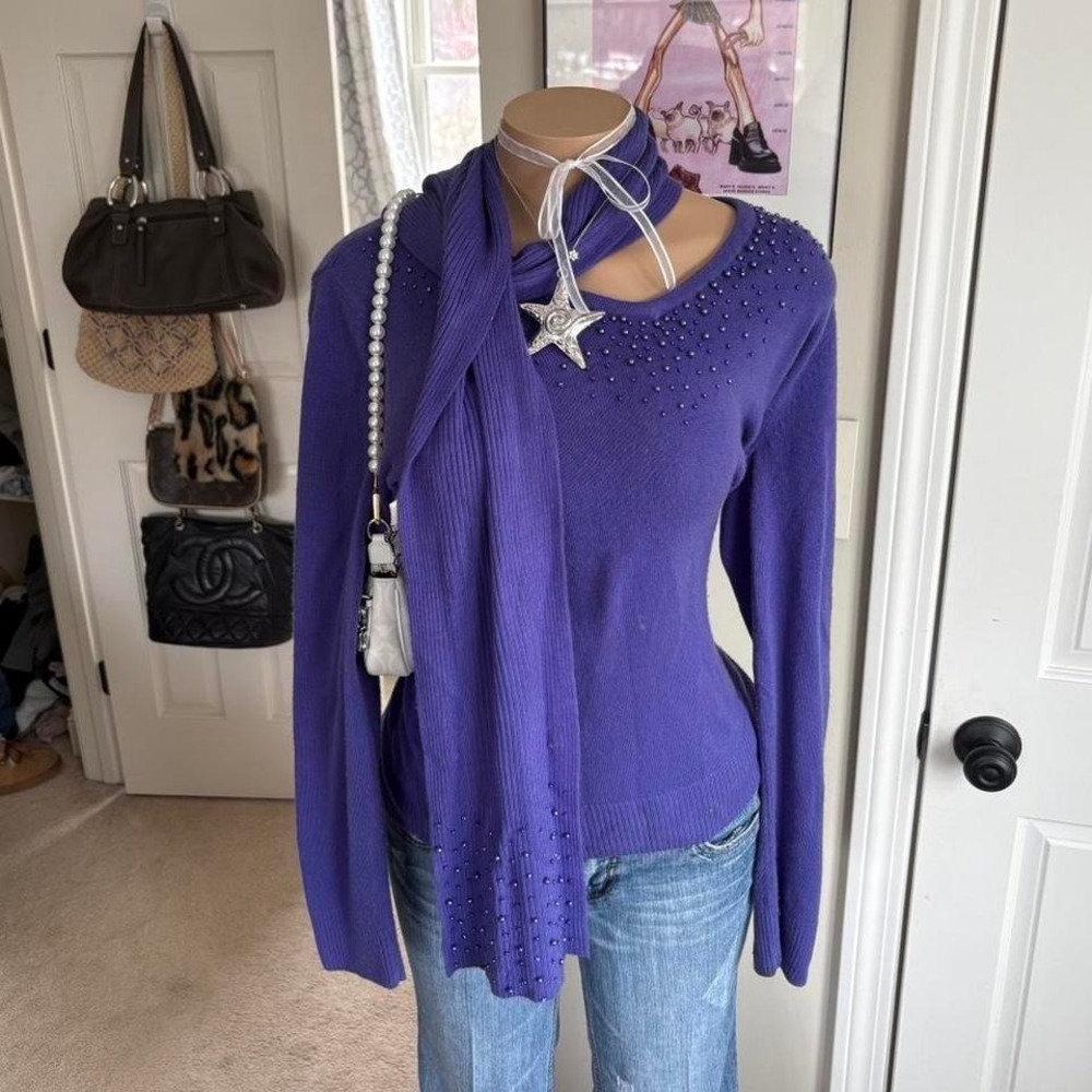 Y2K 2000s mcbling Purple Rhinestone Knit Sweater with Scarf